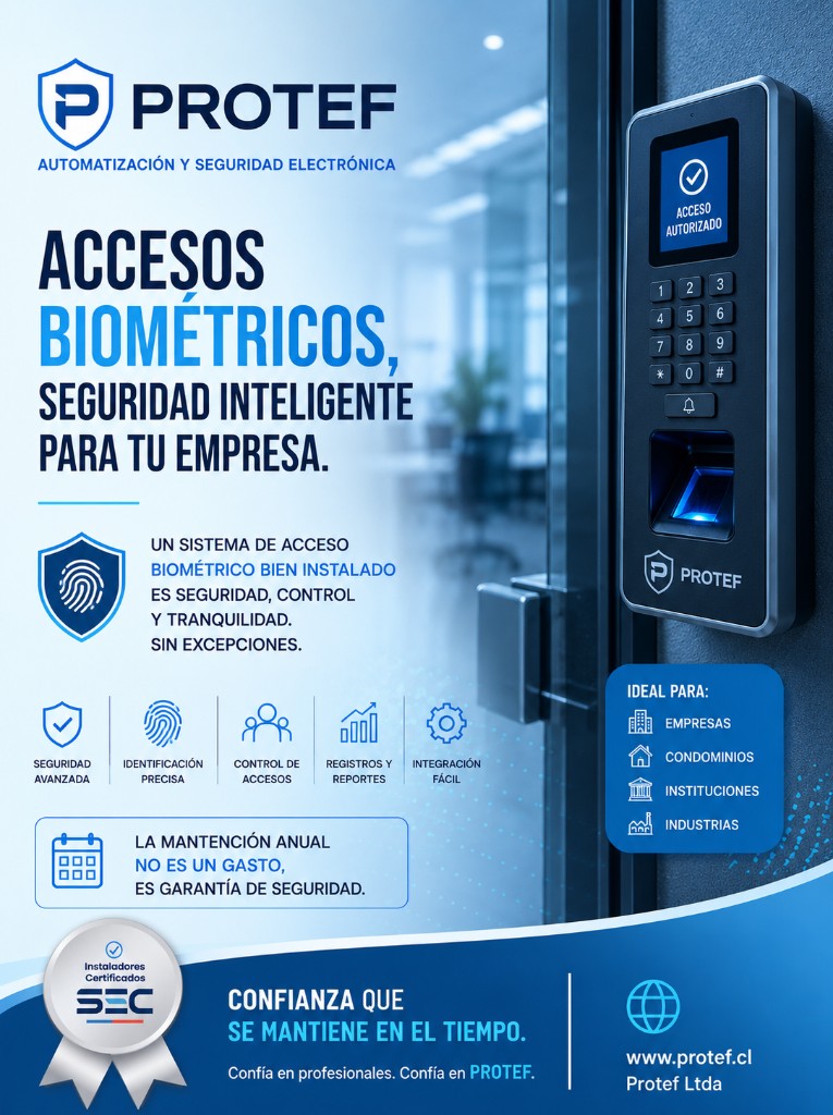Flyer PROTEF: control de accesos biométricos y reconocimiento facial en Concepción