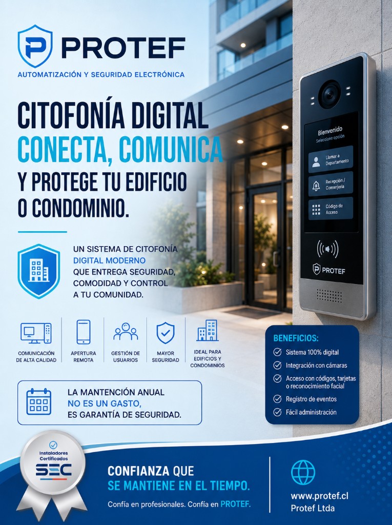 Flyer PROTEF: citofonía digital y videoporteros para condominios en Concepción